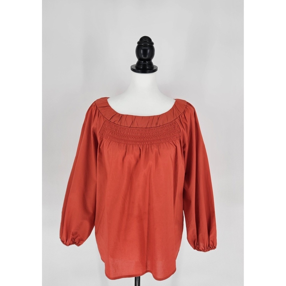 Anthropologie Maeve Blouse Women Small Orange Smocked Peasant Balloon Sleeve - Picture 2 of 9